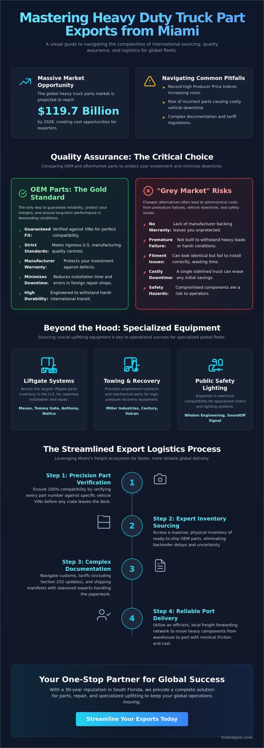 Infographic about exporting heavy-duty truck parts from Miami, highlighting market opportunity, risks, OEM vs grey market, and export process steps.