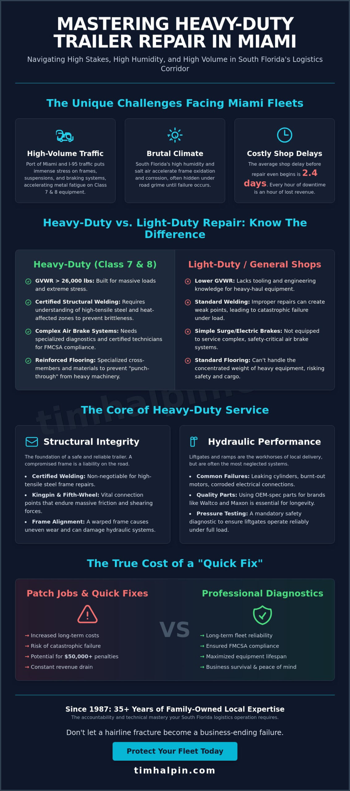 Infographic about heavy-duty trailer repair in Miami, outlining challenges, service differences, and core offerings for fleet maintenance.