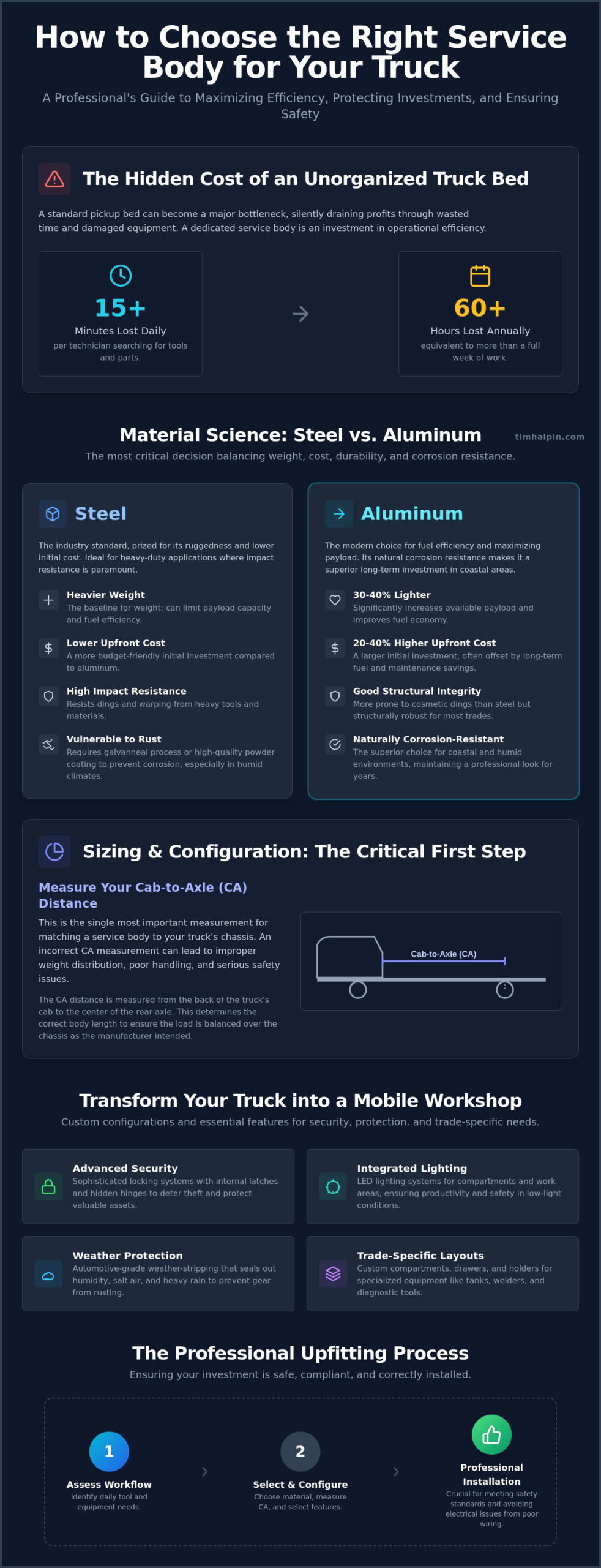 Infographic about choosing the right service body for your truck, outlining hidden costs, material options, sizing, and install steps.
